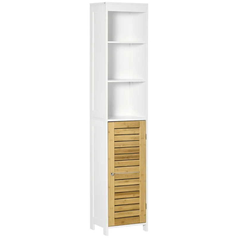 kleankin Tall Bathroom Storage Cabinet, Free Standing Bathroom Cabinet Slim Side Organizer with 3 Shelves and Bamboo Cabinet, White/Natural