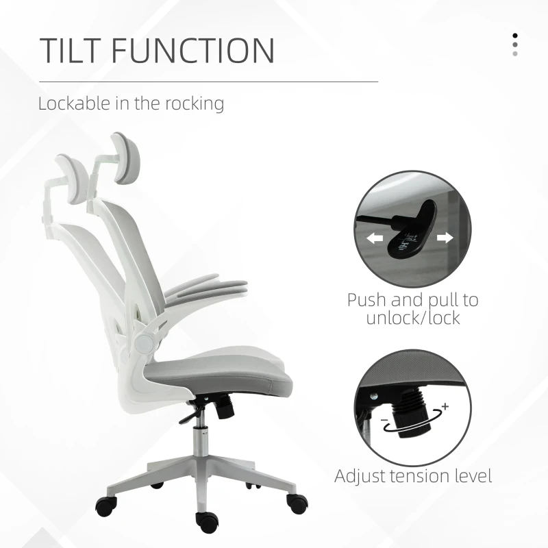 Vinsetto High Back Mesh Chair, Home Office Task Computer Chair with Adjustable Height, Lumbar Back Support, Headrest, and Arms, Gray