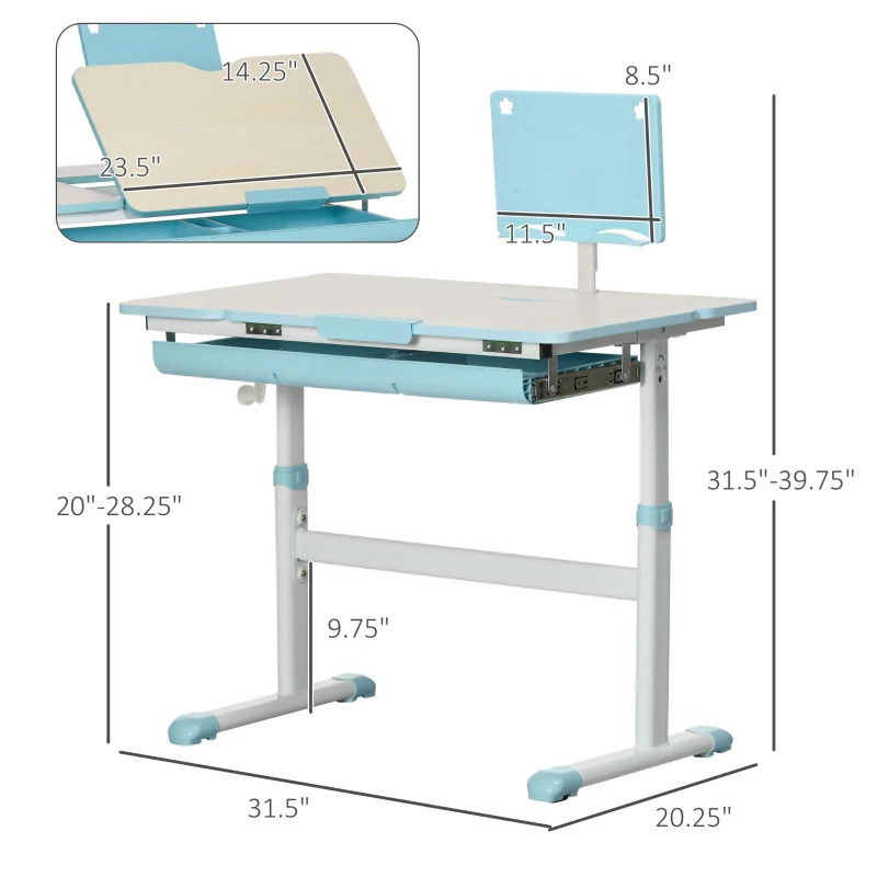 Qaba Kids Desk, Height Adjustable Children School Study Table, Student Writing Desk with Tilt Desktop, Drawer, Reading Board, Blue