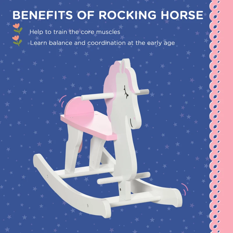 Qaba Little Wooden Rocking Horse Toy for Kids' Imaginative Play, Children's Small Baby Rocking Horse Ride-on Toy for Toddlers 1-3, Pink and White
