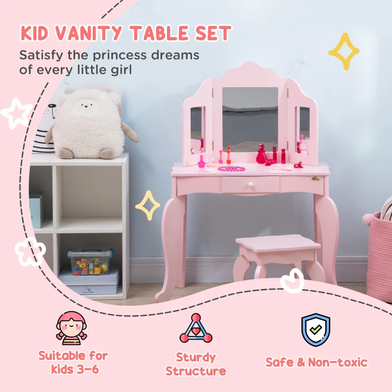 Qaba Kids Vanity Table & Chair Set, Wooden Princess Makeup Dressing Table, Pretend Play Vanity Set for Little Girls with Tri-folding Mirrors, Drawer, Pink