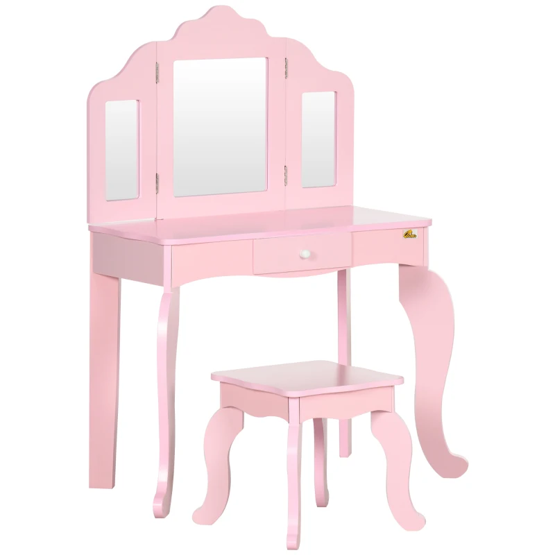 Qaba Kids Vanity Table & Chair Set, Wooden Princess Makeup Dressing Table, Pretend Play Vanity Set for Little Girls with Tri-folding Mirrors, Drawer, Pink