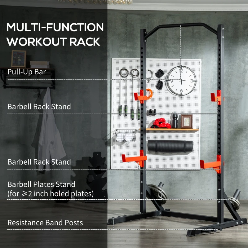 Soozier Multifunction Power Rack, Adjustable Squat Rack Stand with Pull Up Bar and Weight Plate Rack, Barbell Rack for Home Gym Weight Lifting