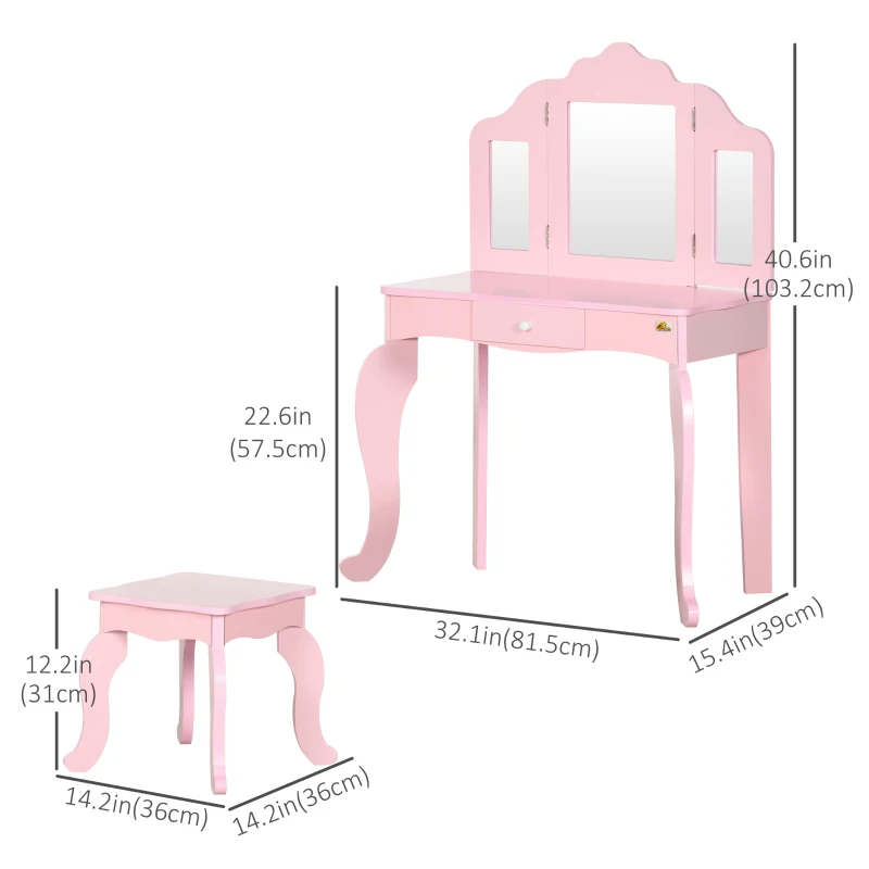 Qaba Kids Vanity Table & Chair Set, Wooden Princess Makeup Dressing Table, Pretend Play Vanity Set for Little Girls with Tri-folding Mirrors, Drawer, Pink