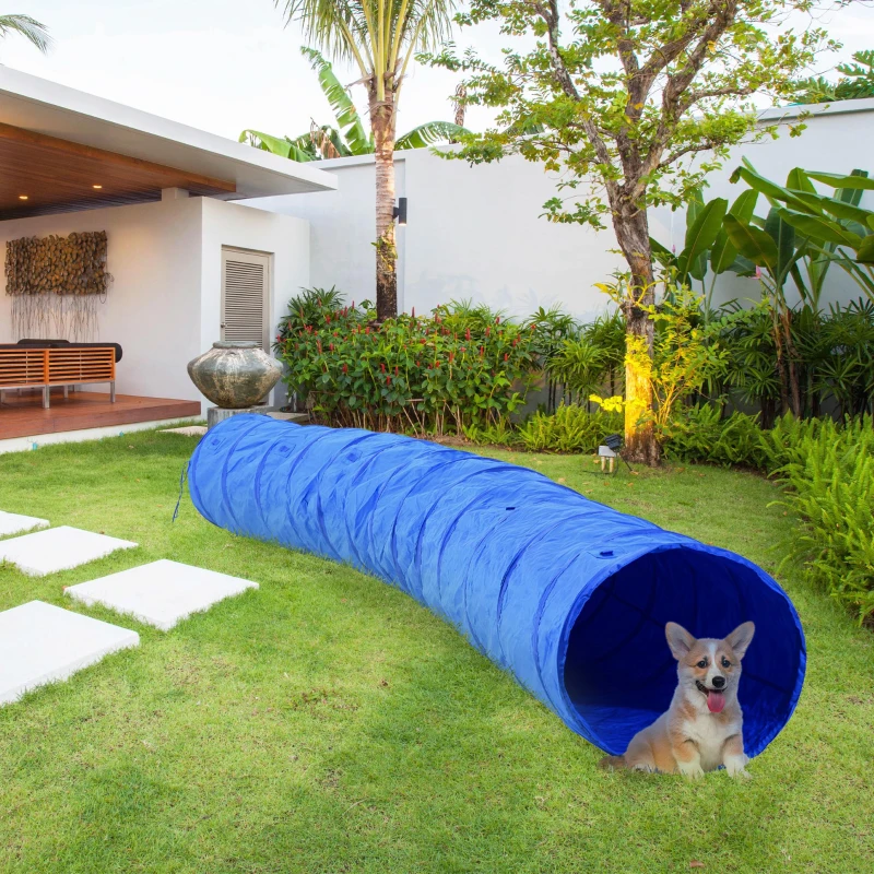 PawHut 16.4' 300D Oxford Portable Puppy Dog Tunnel Pet Agility Exercise Training Soft Crate, Blue