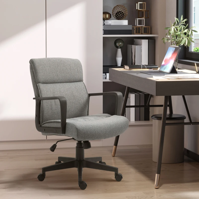 Vinsetto Mid Back Home Office Chair Height Adjustable Linen Fabric Desk Task Chair with Ergonomic Line Wide Seat, Thick Padding, and Armrest