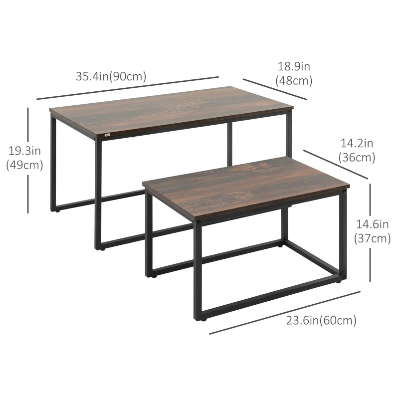 HOMCOM Nesting Tables Set of 2, Stacking Coffee Table Set with Steel Frame, Industrial Coffee Tables Living Room, Rustic Brown