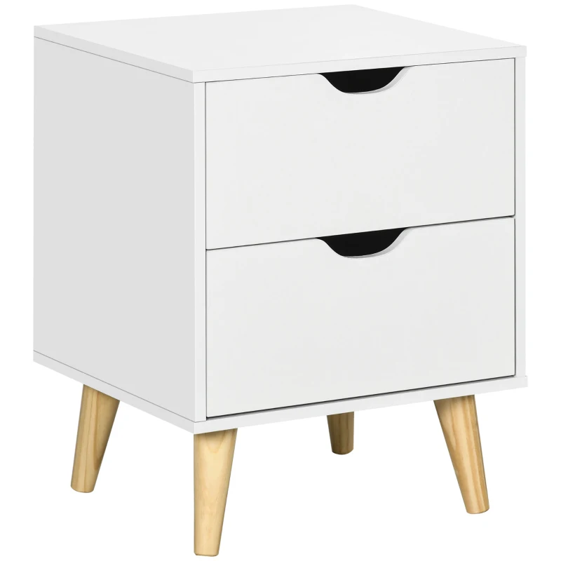 HOMCOM Modern Bedside Table, Nightstand with 2 Drawers and Pine Wood Legs for Bedroom, Living Room, White