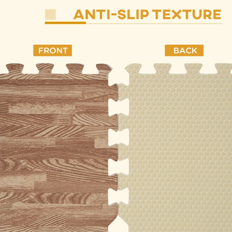 HomCom 96 Sq Ft Dark Wood Grain Look EVA Foam Exercise Floor Mats with Easy Connect Design & Soft Feel/Material