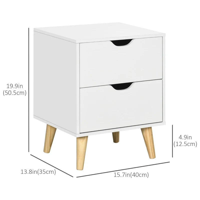 HOMCOM Modern Bedside Table, Nightstand with 2 Drawers and Pine Wood Legs for Bedroom, Living Room, White