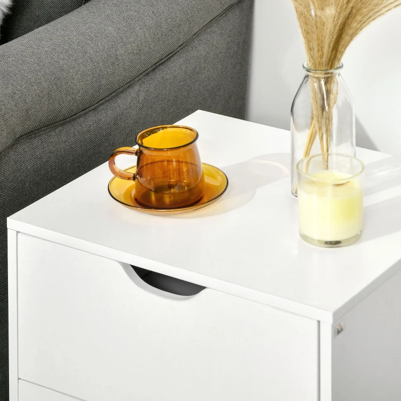 HOMCOM Modern Bedside Table, Nightstand with 2 Drawers and Pine Wood Legs for Bedroom, Living Room, White