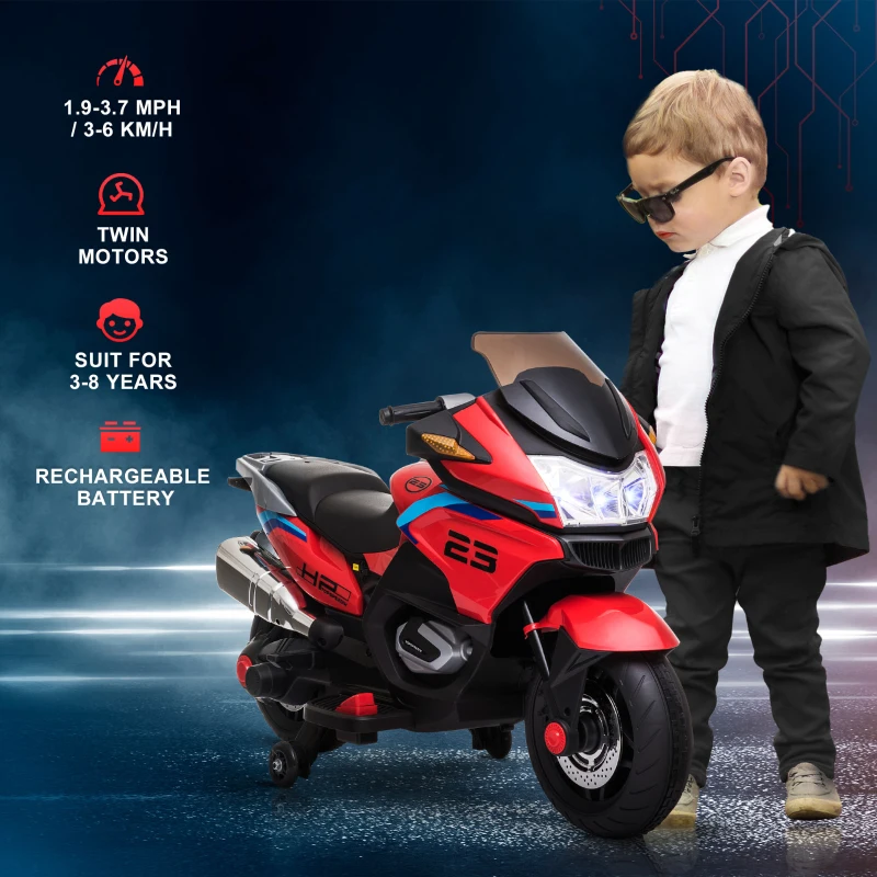Aosom Kids Motorcycle with Training Wheels, 12V 7AH Battery-Operated Motorbike for Kids with Lights, Music, up to 3.7 Mph, Red