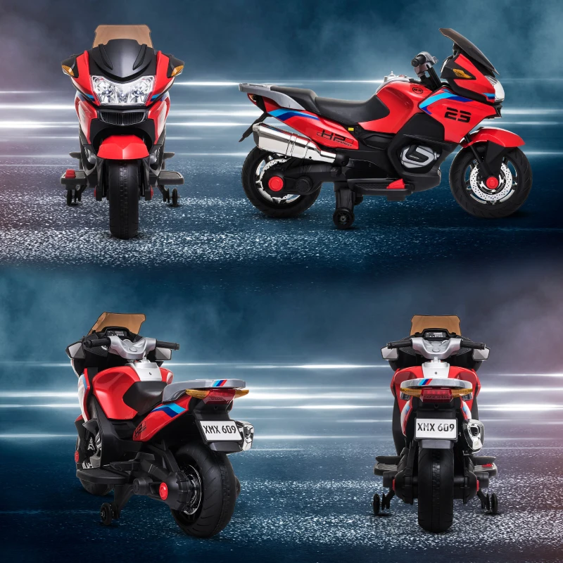 Aosom Kids Motorcycle with Training Wheels, 12V 7AH Battery-Operated Motorbike for Kids with Lights, Music, up to 3.7 Mph, Red