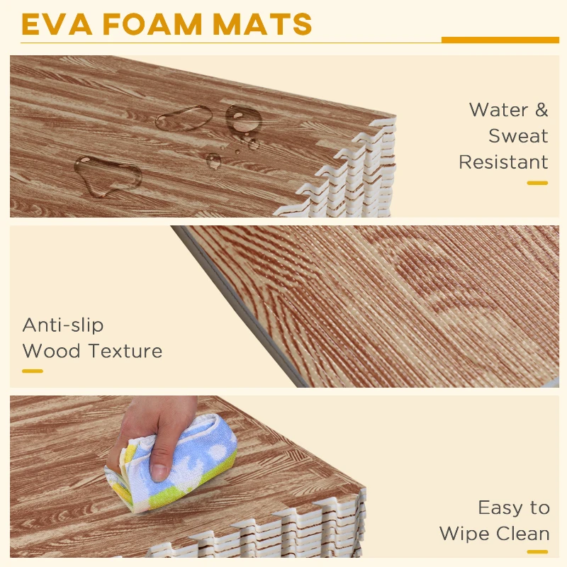 HomCom 96 Sq Ft Dark Wood Grain Look EVA Foam Exercise Floor Mats with Easy Connect Design & Soft Feel/Material