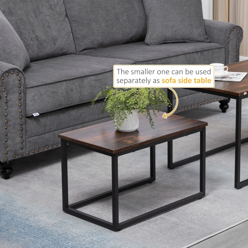 HOMCOM Nesting Tables Set of 2, Stacking Coffee Table Set with Steel Frame, Industrial Coffee Tables Living Room, Rustic Brown