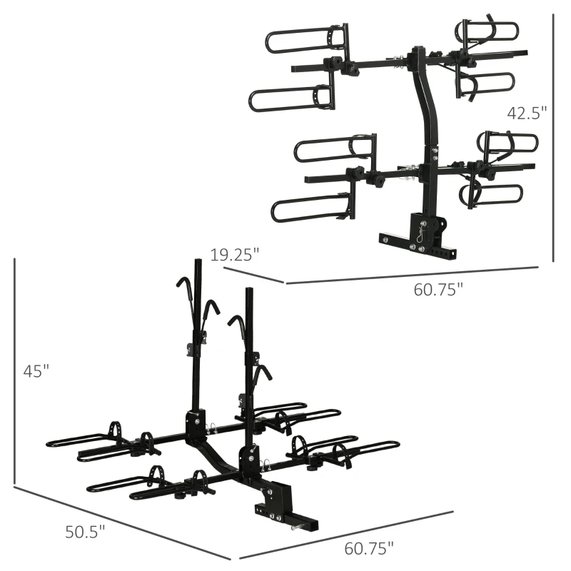 HOMCOM 4 Bike Rack Hitch Mount for Car, Truck, SUV, Minivan, Foldable Bicycle Carrier for 2" Hitch Receiver with Easy Trunk Access, 155 lb. Weight Capacity