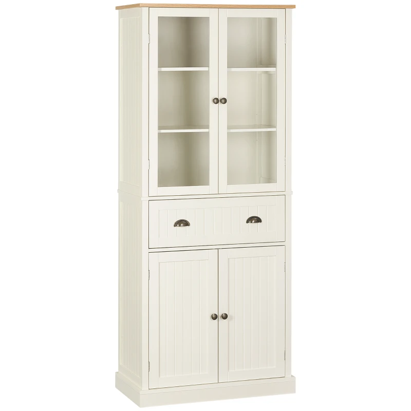 HOMCOM 72" Kitchen Pantry Cabinet, Freestanding Buffet Storage Cabinet with Glass Doors, Drawer and Adjustable Shelves, Cream White