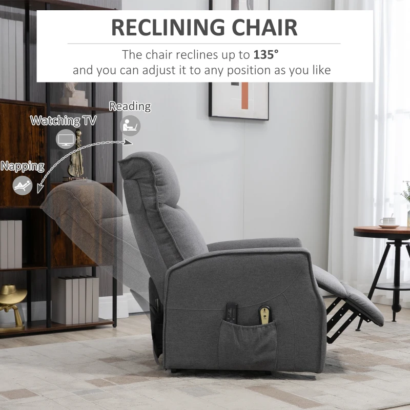 HOMCOM Electric Lift Chair, Power Chair Recliner with 8 Massage Vibration Points, Remote Control, Side Pockets, Dark Grey