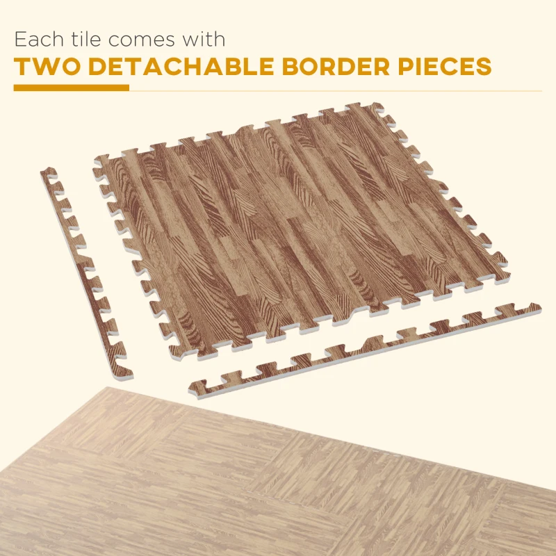 HomCom 96 Sq Ft Dark Wood Grain Look EVA Foam Exercise Floor Mats with Easy Connect Design & Soft Feel/Material