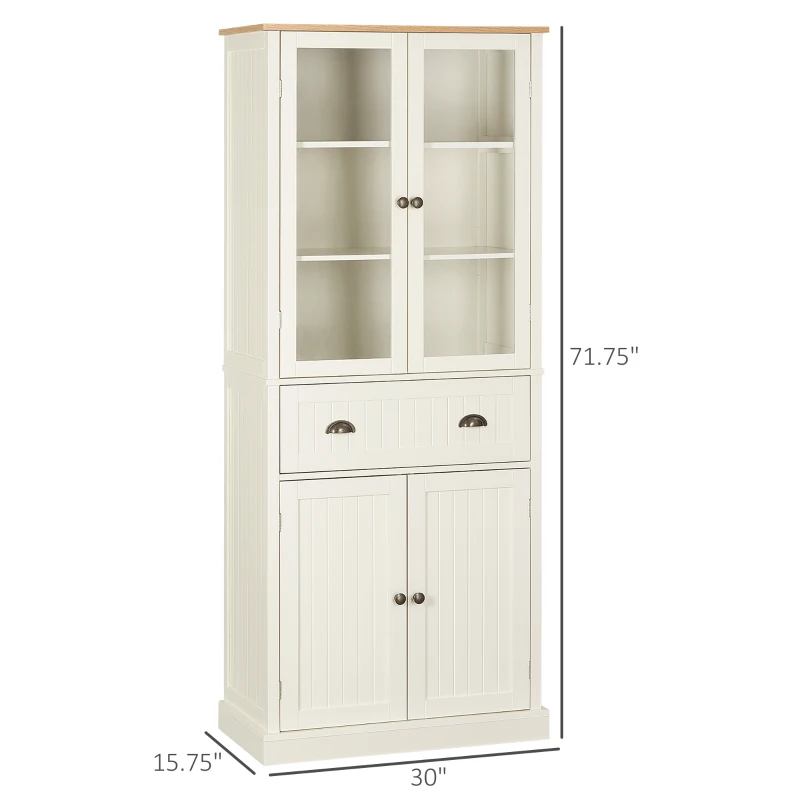 HOMCOM 72" Kitchen Pantry Cabinet, Freestanding Buffet Storage Cabinet with Glass Doors, Drawer and Adjustable Shelves, Cream White