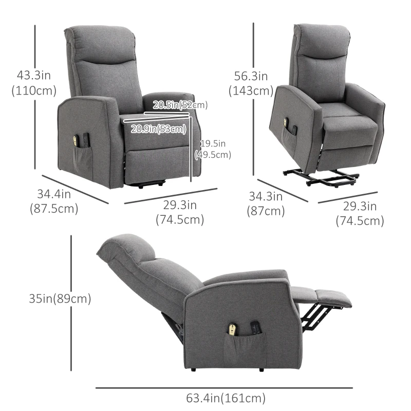HOMCOM Electric Lift Chair, Power Chair Recliner with 8 Massage Vibration Points, Remote Control, Side Pockets, Dark Grey
