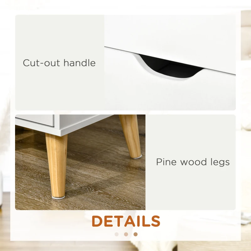 HOMCOM Modern Bedside Table, Nightstand with 2 Drawers and Pine Wood Legs for Bedroom, Living Room, White