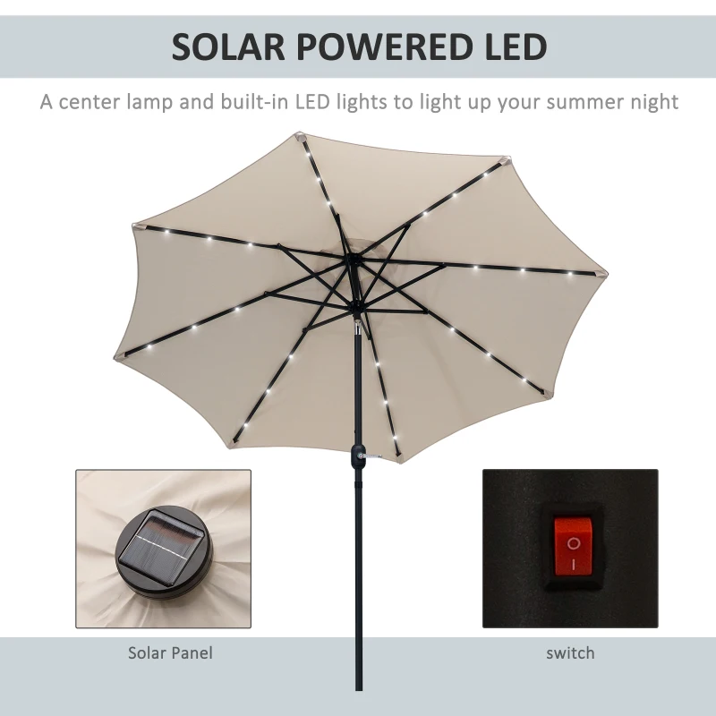 Outsunny 8.8ft Solar Patio Umbrella Outdoor Sunshade 24 LED Lights Tilt Canopy Cream