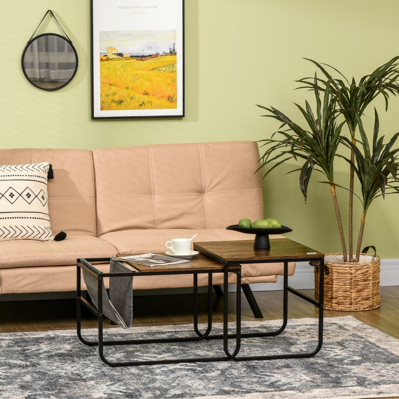 HOMCOM Coffee Table Set of 2, Nesting Tables with Storage Bag and Steel Frame for Living Room, Rustic Brown