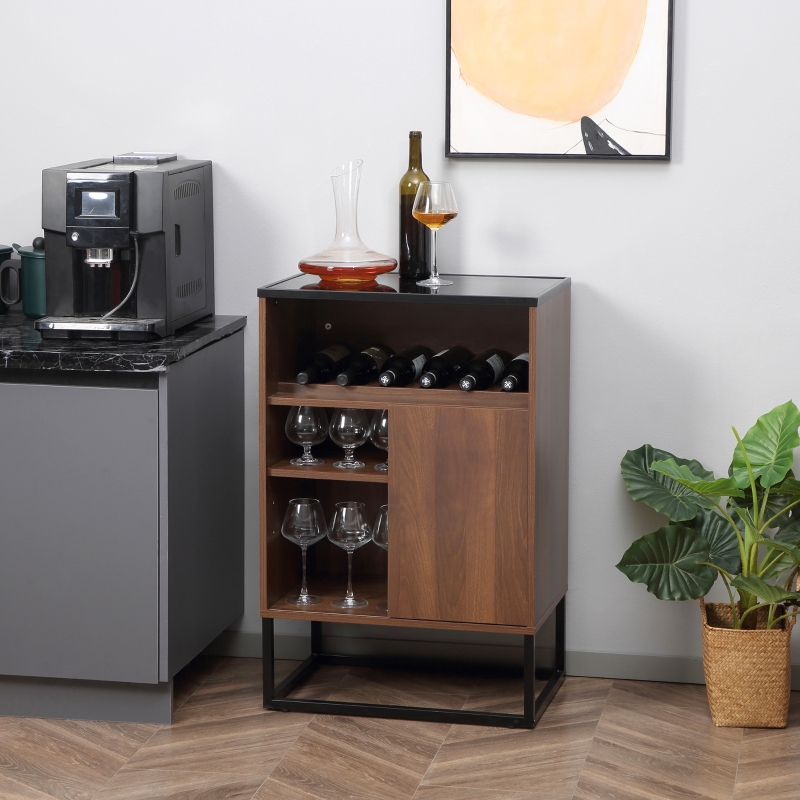 HOMCOM Industrial Wine Rack Cabinet for 6 Bottles, Liquor Cabinet with Sliding Door, Tempered Glass Top, Adjustable Shelf for Home Bar, Dining Room, Walnut