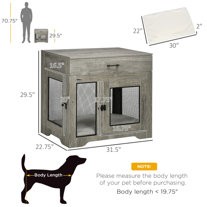 PawHut Dog Crate Furniture with Soft Water-Resistant Cushion, Dog Kennel End Table with Drawer, Puppy Crate for Small Dogs Indoor with 2 Doors, Gray