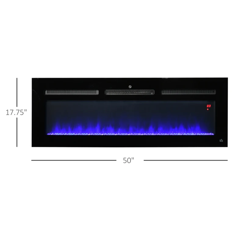 HOMCOM 50" 1500W Recessed and Wall Mounted Electric Fireplace Inserts with Remote, Adjustable Flame Color and Brightness, Cryolite-Effect Rocks, Black