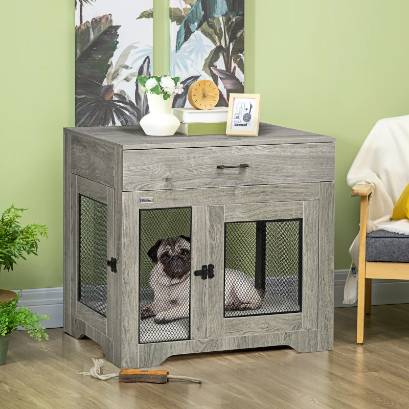 PawHut Dog Crate Furniture with Soft Water-Resistant Cushion, Dog Kennel End Table with Drawer, Puppy Crate for Small Dogs Indoor with 2 Doors, Gray