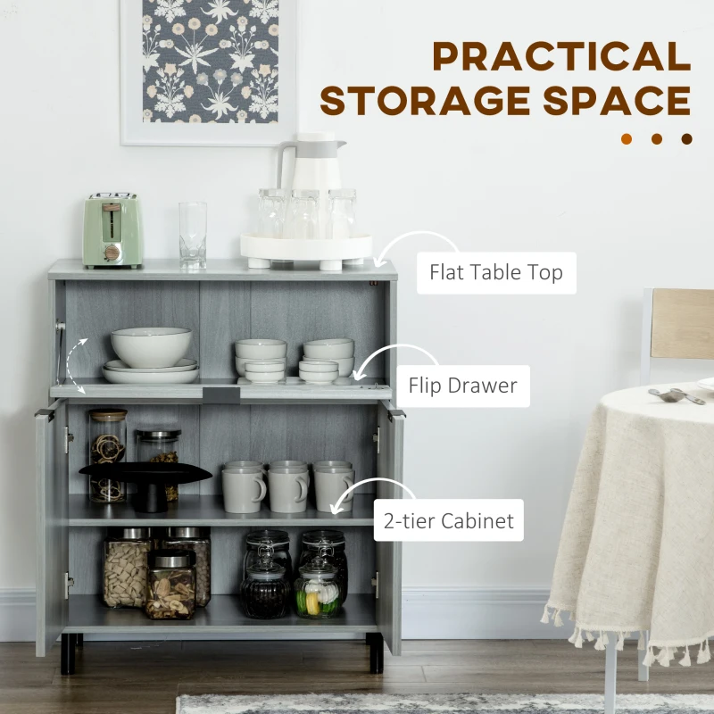 HOMCOM Sideboard Buffet Cabinet, Kitchen Cabinet with Metal Grid Flip Drawer, Adjustable Shelf, Accent Cabinet for Living Room, Grey