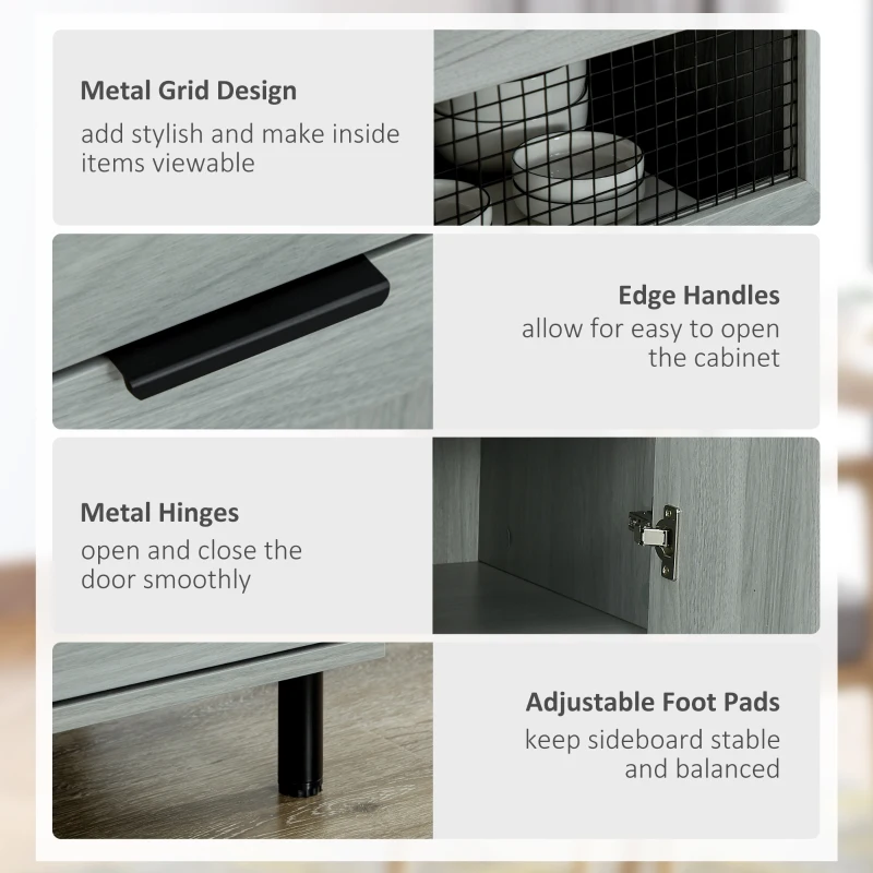 HOMCOM Sideboard Buffet Cabinet, Kitchen Cabinet with Metal Grid Flip Drawer, Adjustable Shelf, Accent Cabinet for Living Room, Grey