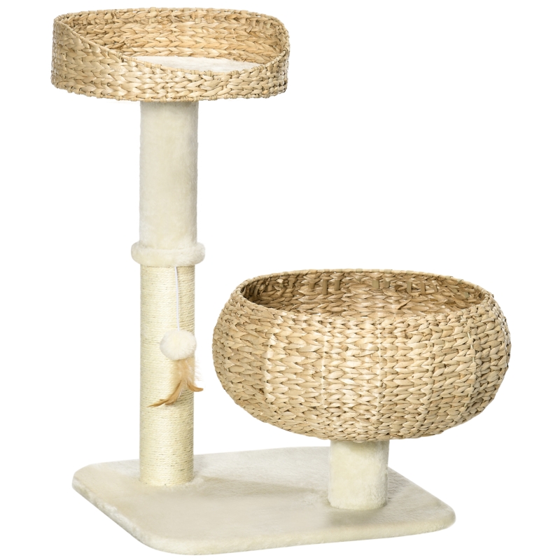 PawHut 28" Elevated Cat Bed with Sisal Scratching Post for Indoor Kitties, Modern Cat Tree with Cute Basket Design, Small Cat Tree with Fun Ball Toy