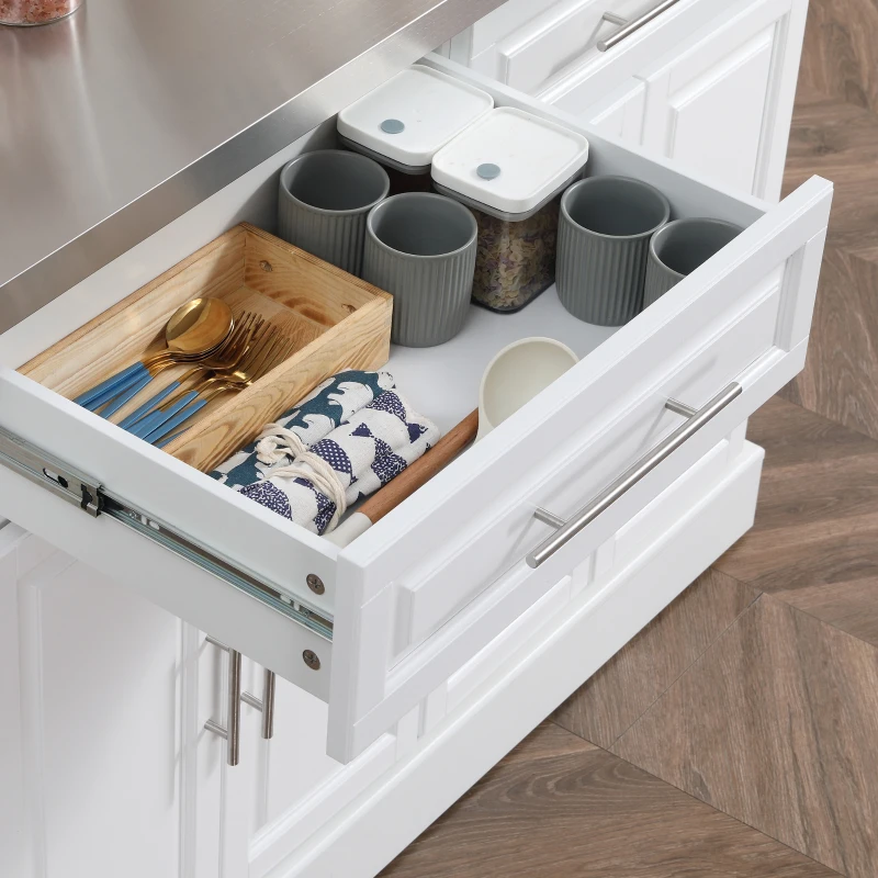 HOMCOM Rolling Kitchen Island with Storage and Stainless Steel Top, Kitchen Trolley with Drawers, Cabinets, Towel Rack