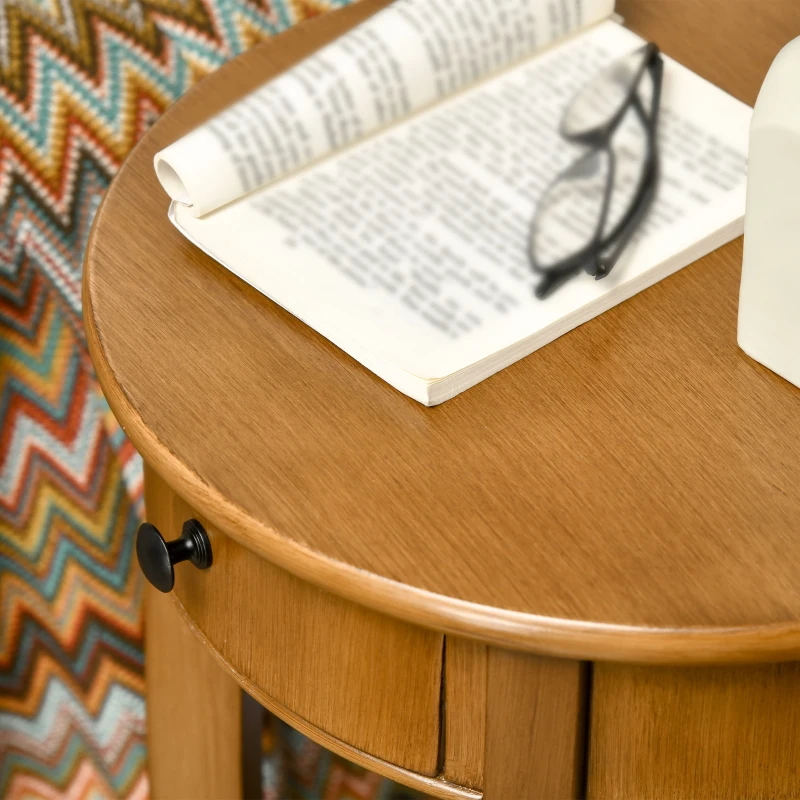 HOMCOM Round Side Table with Storage Drawer and Bottom Shelf, Retro End Table for Living Room, Bedroom, Brown