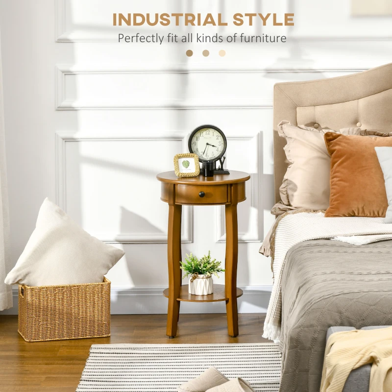 HOMCOM Round Side Table with Storage Drawer and Bottom Shelf, Retro End Table for Living Room, Bedroom, Brown