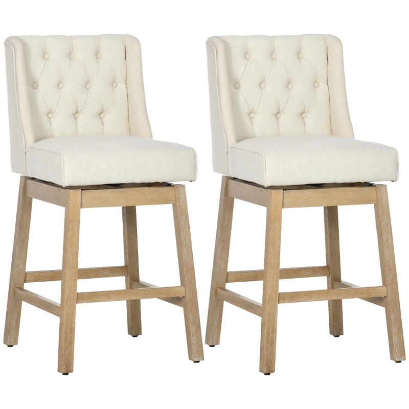 HOMCOM Bar Height Bar Stools Set of 2, 180 Degree Swivel Kitchen Island Stool, 28" Seat Height with Solid Wood Footrests and Button Tufted Design, Beige