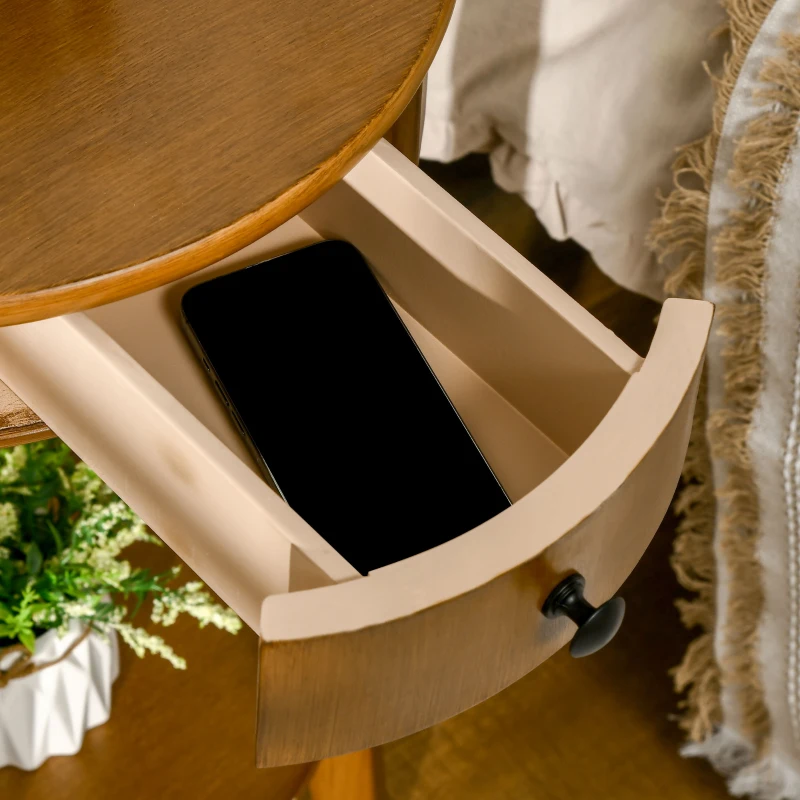 HOMCOM Round Side Table with Storage Drawer and Bottom Shelf, Retro End Table for Living Room, Bedroom, Brown