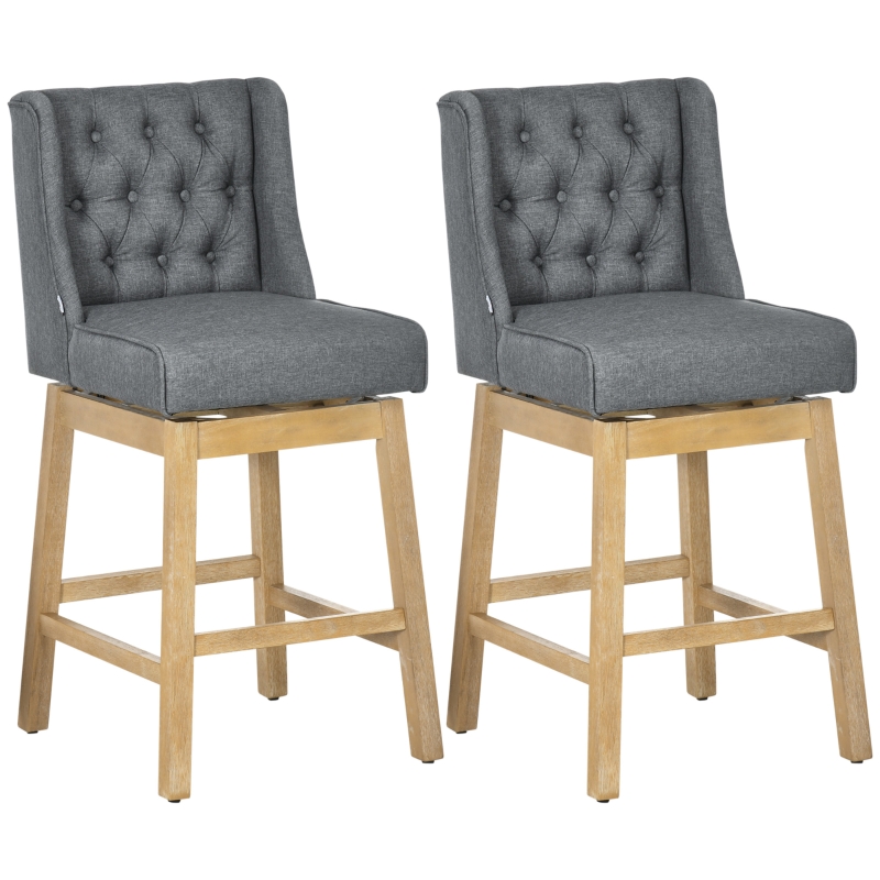HOMCOM Bar Height Bar Stools Set of 2, 180 Degree Swivel Kitchen Island Stool, 28" Seat Height with Solid Wood Footrests and Button Tufted Design, Grey