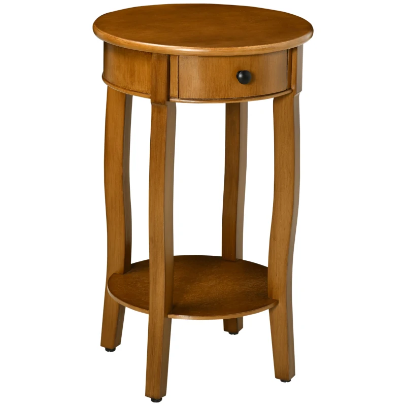 HOMCOM Round Side Table with Storage Drawer and Bottom Shelf, Retro End Table for Living Room, Bedroom, Brown
