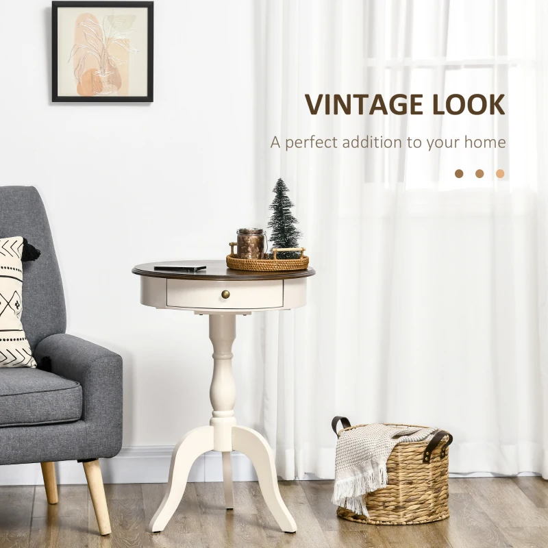 HOMCOM Retro Coffee Table, Pedestal Side Table with Drawer, Round Tabletop for Living Room, Bedroom, White