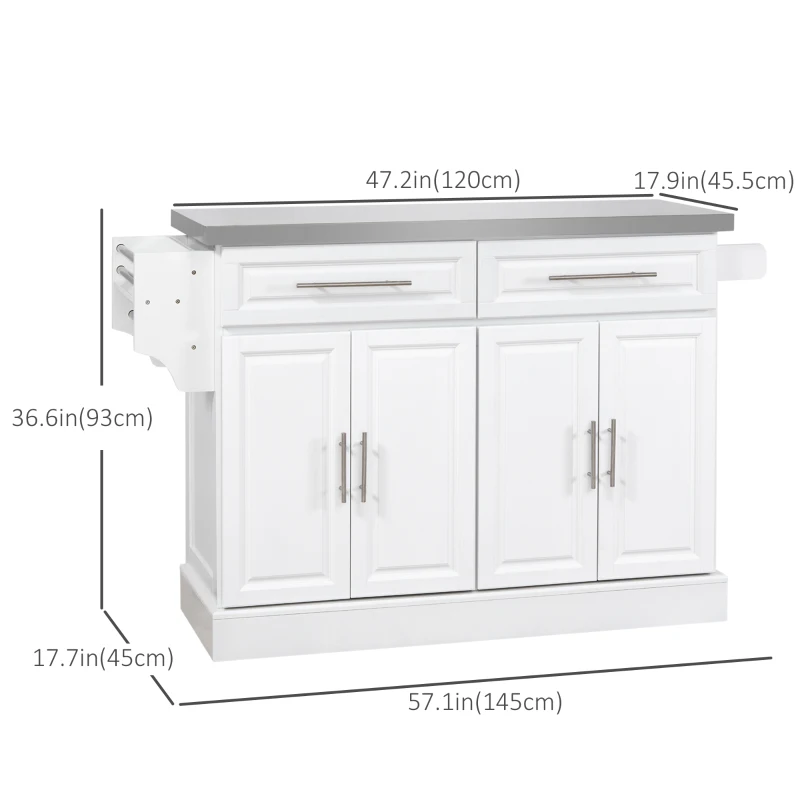 HOMCOM Rolling Kitchen Island with Storage and Stainless Steel Top, Kitchen Trolley with Drawers, Cabinets, Towel Rack