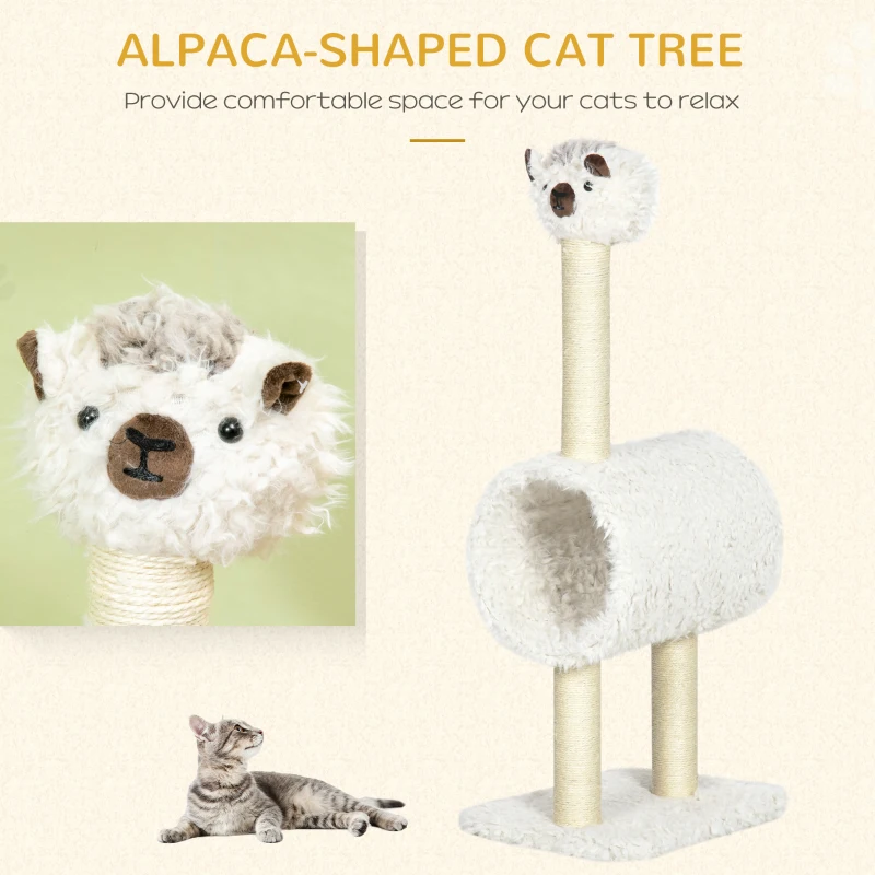 PawHut Cat Tree Alpaca-shaped Kitty Tower with Tunnel Sisal Scratching Post, 15.4" x 11.8" x 37.4", Cream