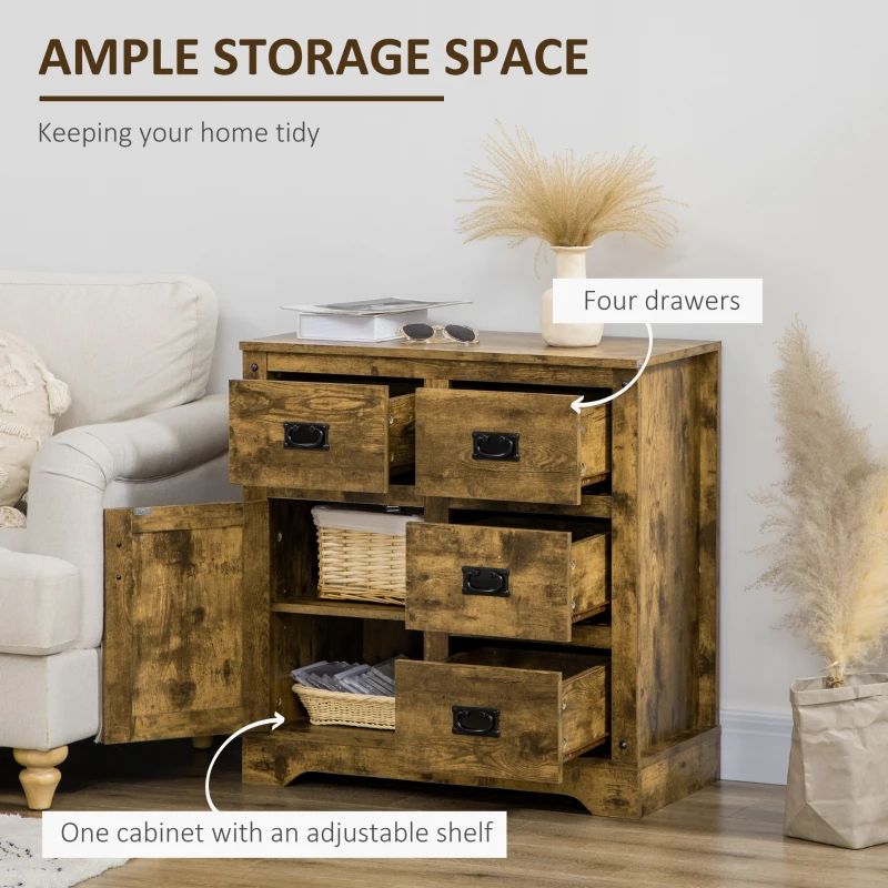 HOMCOM Industrial Sideboard Buffet Cabinet, Kitchen Cabinet with 4 Drawers, 1 Door, Adjustable Shelf Coffee Bar Cabinet, Rustic Brown