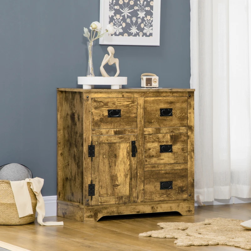 HOMCOM Industrial Sideboard Buffet Cabinet, Kitchen Cabinet with 4 Drawers, 1 Door, Adjustable Shelf Coffee Bar Cabinet, Rustic Brown