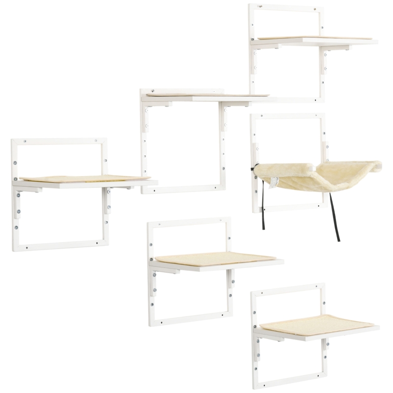 PawHut 6 pc Modern Cat Wall Shelves, Steel Wall-mounted Climbing Shelf Set, Height Adjustable Kitten Activity Center with Jumping Platform and Hammock, Cream