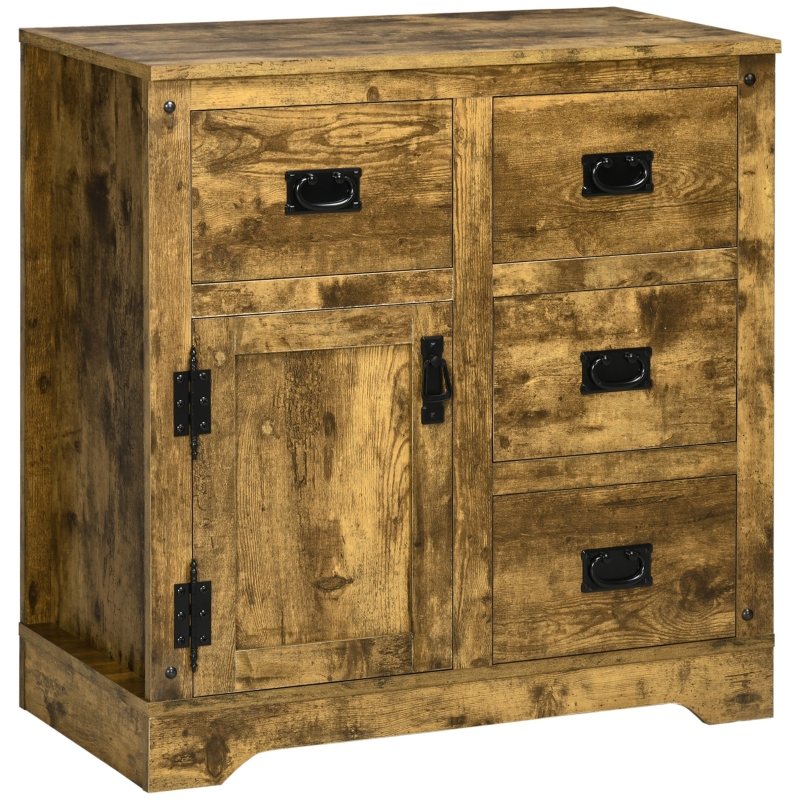 HOMCOM Rustic Kitchen Cabinet, Storage Cabinet, Sideboard Buffet with 4 Drawers and One Cupboard for Kitchen, Dining Room, Living Room, Brown