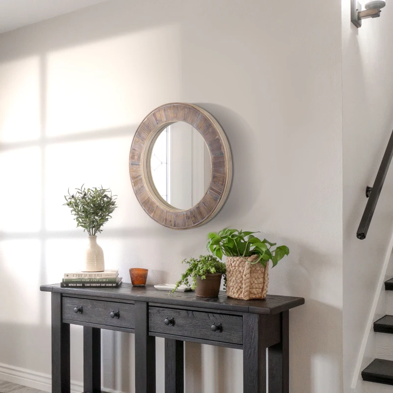 HOMCOM 31" Farmhouse Wood Wall Mirror, Decorative Round Mirror for Wall Decor in Living Room, Bedroom, Rustic Brown